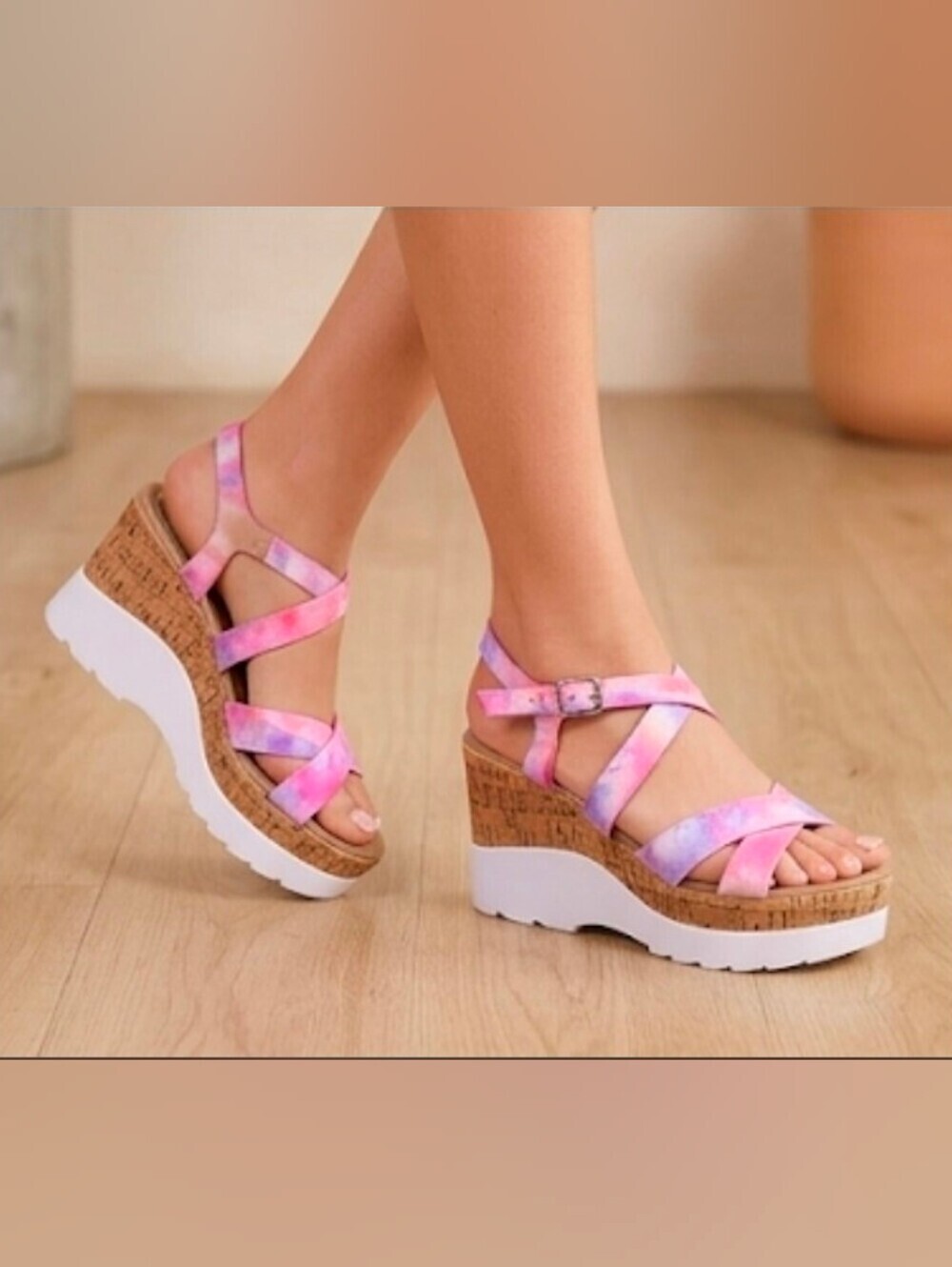 YOKI Jackie Pink Purple Tie Dye Strappy Platform Cork Wedge Sandals NEW Size 7.5